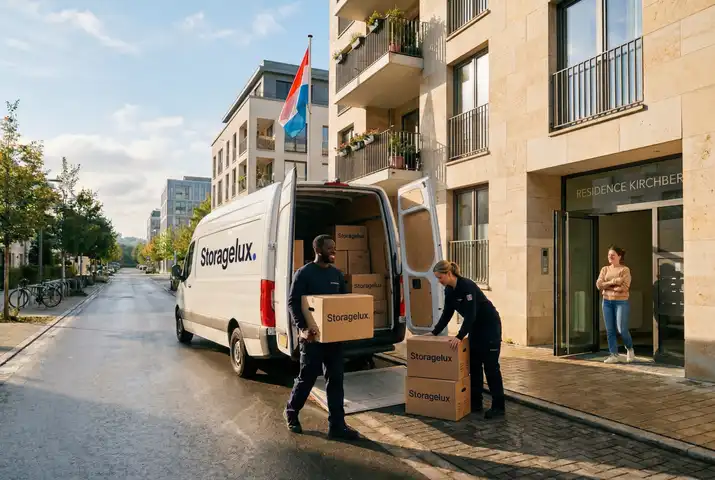StorageLux team collecting storage boxes from Residence Kirchberg — Luxembourg door-to-door storage service